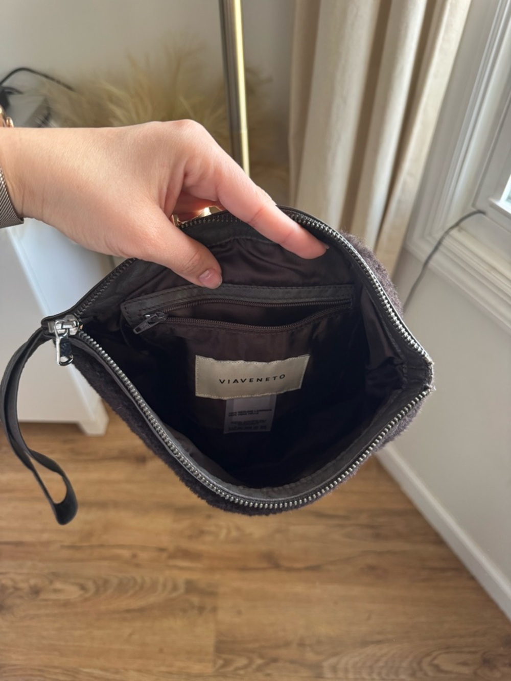 VIAVENETO Delilah Curly Lambskin Shearling Large Pouch / Wristlet - Black - Picture 7 of 8
